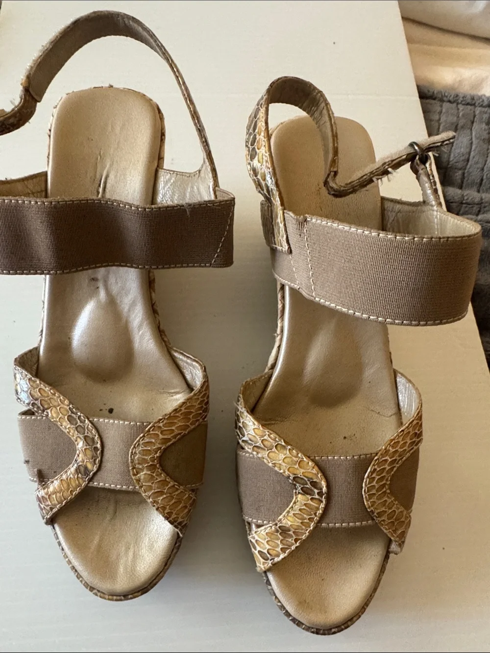 Aquatalia Neutral Tan Snake-Accent Wedge Sandals